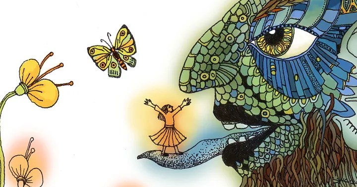 A drawing of a small person in a skirt standing on the tongue of a multicoloured, scale-covered bearded giant who's looking at a butterfly hovering over a flower.