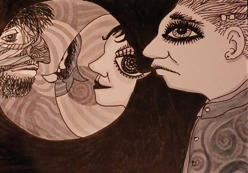 Black and grey drawing of a unhappy person with dramatic eye makeup in profile, saying a speech bubble, that contains a number of other people in profile, each with a nested speech bubble saying another person