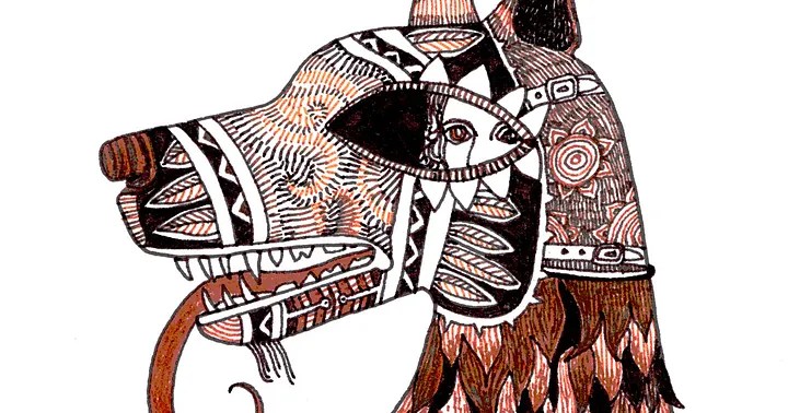 A drawing of a person peering out of the eye-hole of a dog shaped mask covered in patterns.