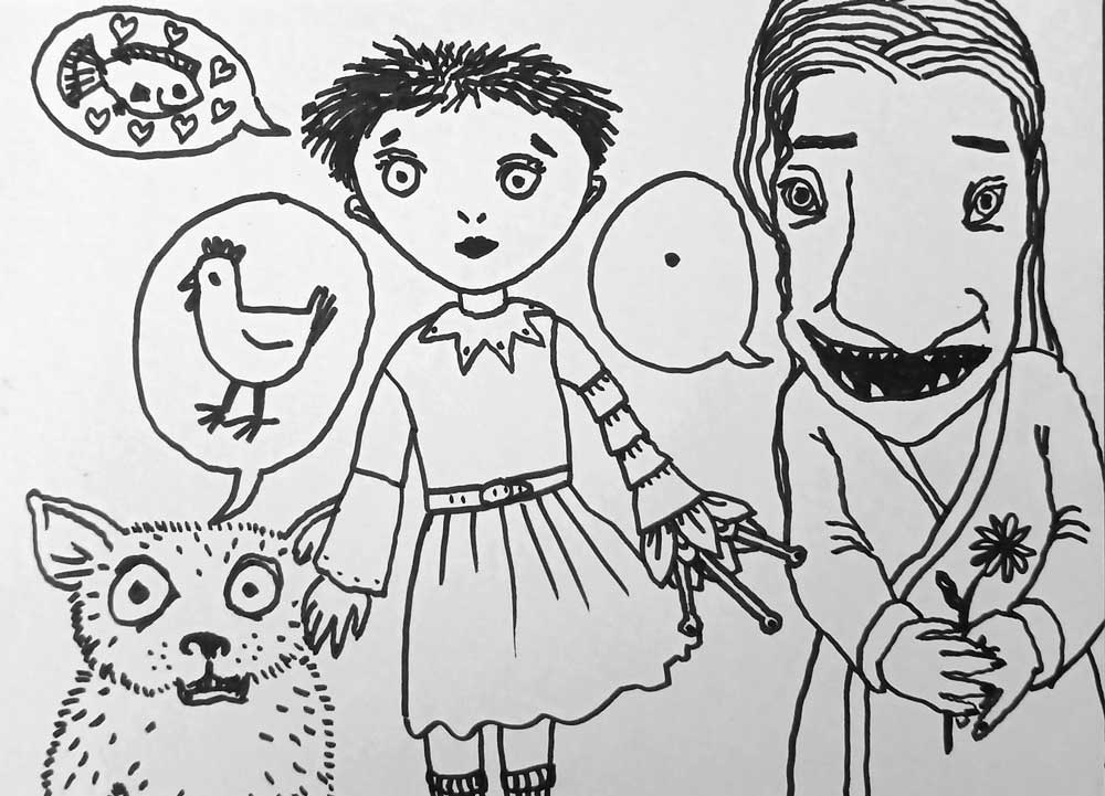 Black and white line drawing. Two people and a hairy cat like creature with big eyes. The cat like creature has a speech bubble containing a chicken. One of the people has short hair and a wistful expression, and one of her hands is a flower.