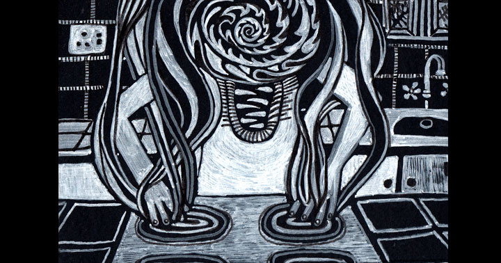 A white on black drawing of a person with their hands on a stove. Smoke rises from the stove plates to obscure their face with a spiky spiral.
