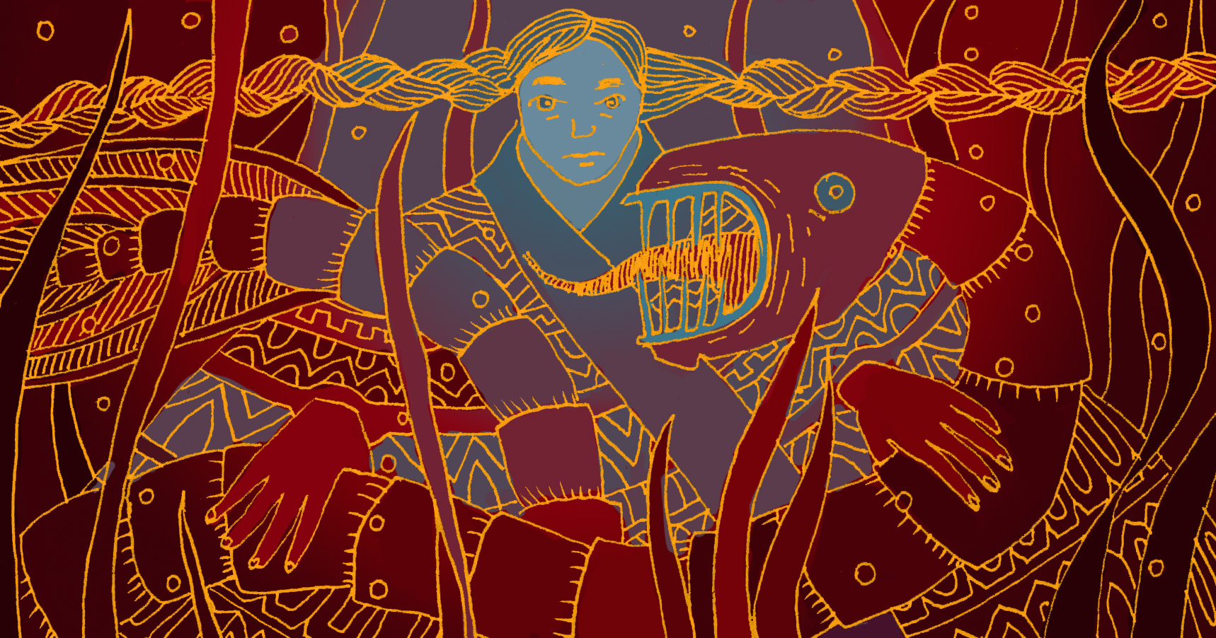 A drawing of a fierce person with long braids holding a segmented dragon creature with long teeth