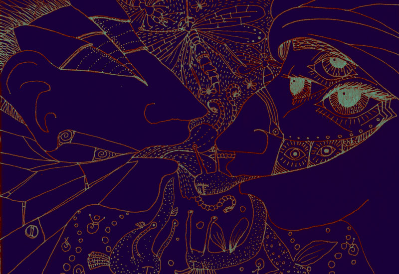 A line drawing, pale green and orange on dark purple, two people in profile looking at one another. The one on the left has no eyes, the one on the right has gwo many. The background is filled with insects and snails that are issuing from their mouths.